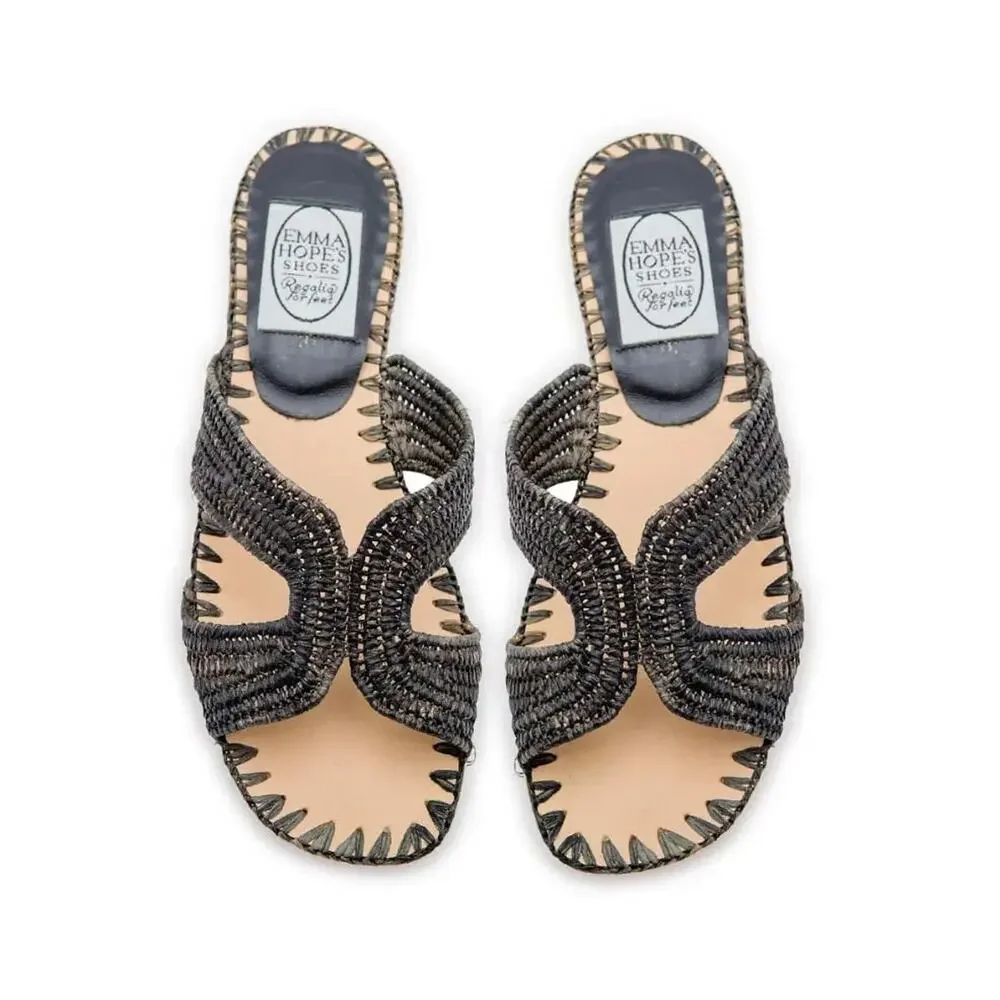 Emma Hope EUC Black Raffia H Sandal Slip On Slide Size 37 EU 7 US